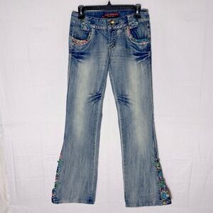 Vintage Y2K Zhui Yi Gently Distressed Floral Embellished Flare Leg Jeans 26